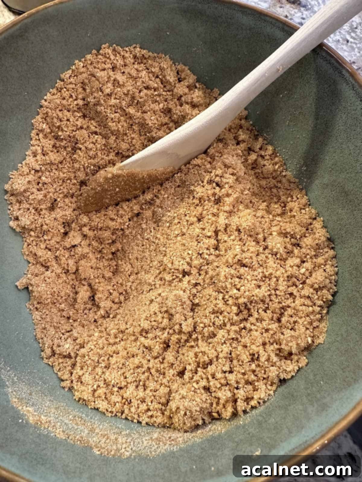 The graham cracker crust ingredients, now mixed with melted butter, form a coarse crumb mixture in a mixing bowl with a wooden spoon resting nearby.