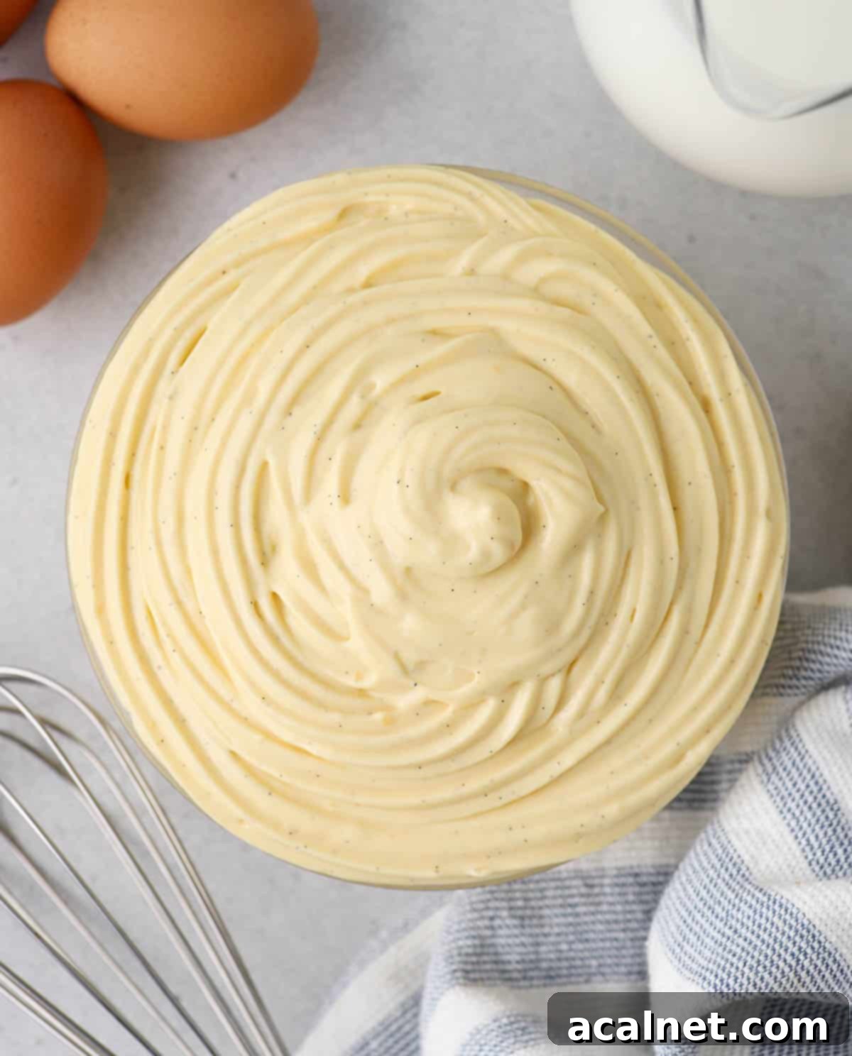 Diplomat Cream viewed from above in a glass bowl, showcasing its smooth, airy texture.