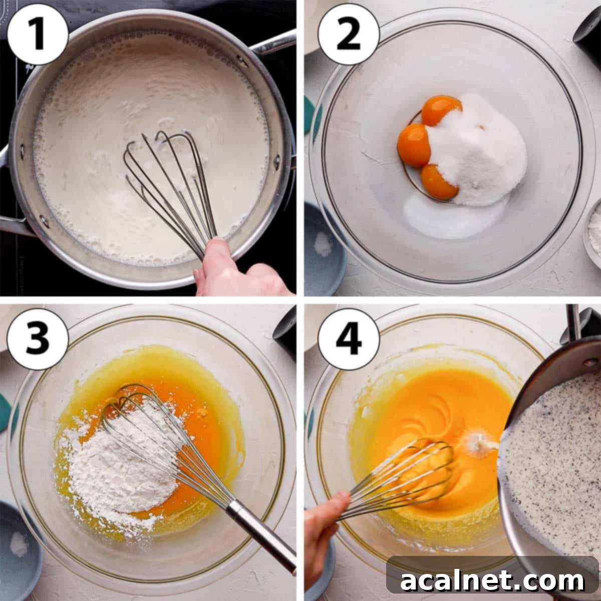 Process Shot Collage: step-by-step photos illustrating the creation of pastry cream, including heating milk, whisking eggs, adding cornstarch, and tempering.