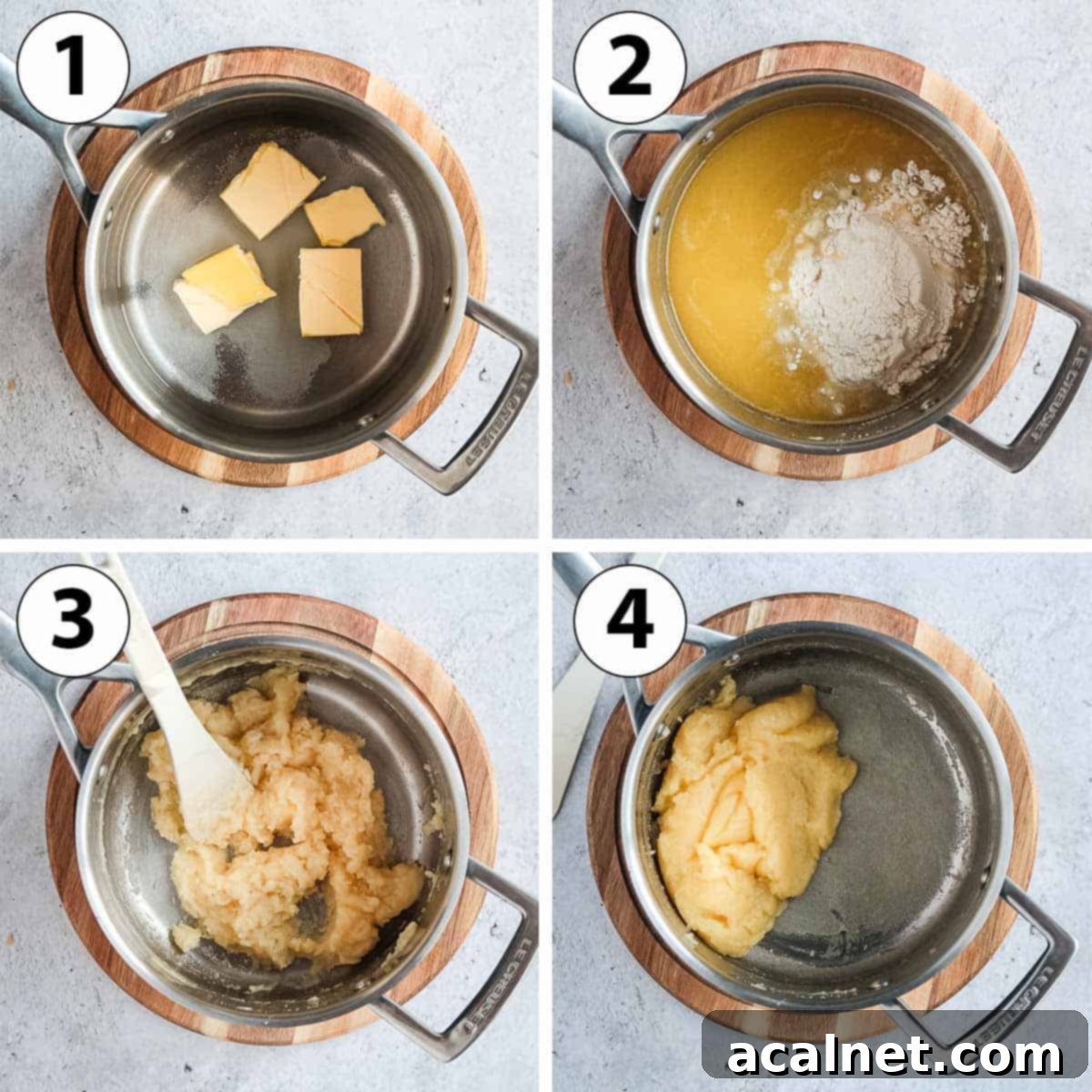 A four-panel collage showing the process of making choux pastry on the stove: heating liquid, adding flour, stirring into dough, and drying the panade.