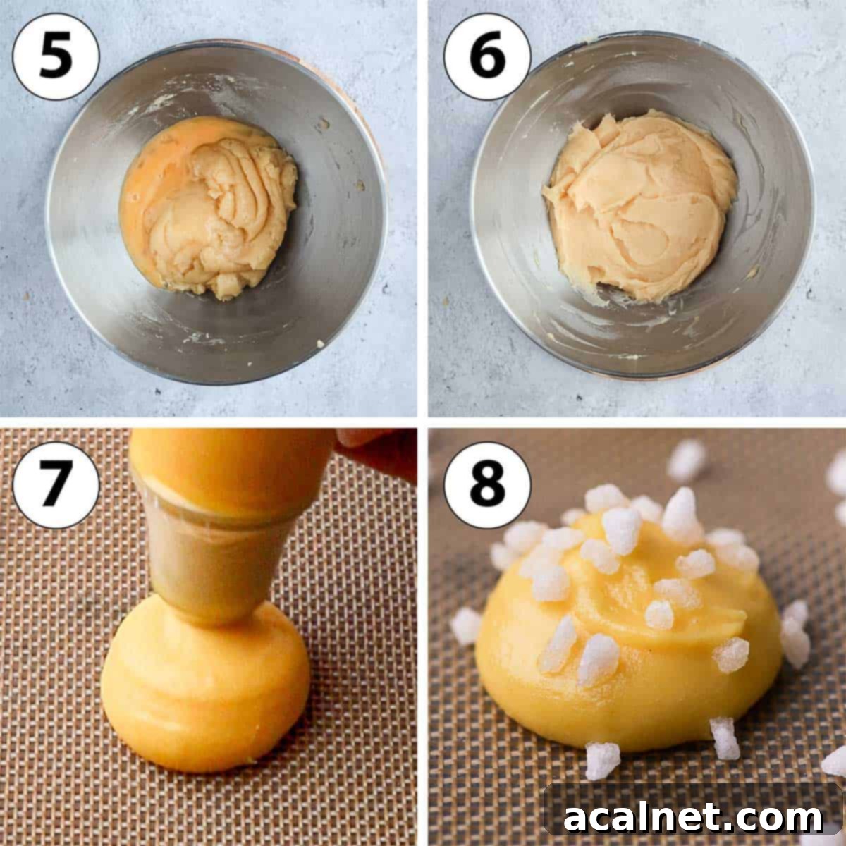 A four-panel collage showing the second phase of chouquettes making: mixing eggs into dough, piping the choux puffs, and sprinkling pearl sugar.