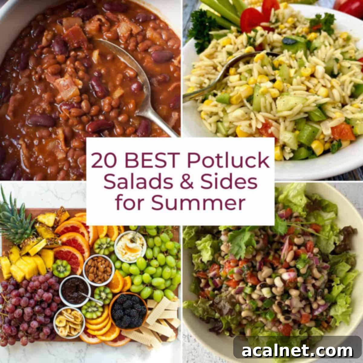Four mouth-watering photos showcasing various summer salads and potluck side dishes, with descriptive text.