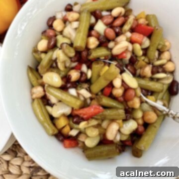 A serving spoon lifting a portion of colorful Mixed Bean Salad from a large bowl.