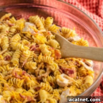 A hearty bowl of Chicken Bacon Ranch Pasta Salad, topped with shredded cheese.