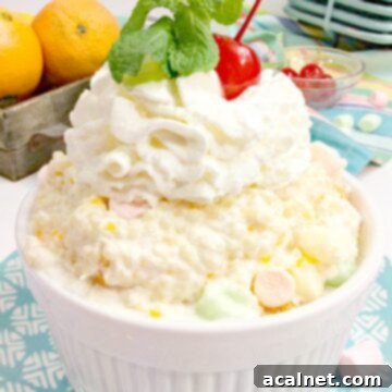 A serving of Grandma's Best Frog Eye Salad, a sweet, whipped cream-based dessert salad with a cherry on top.