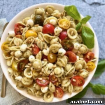 A fresh bowl of Pesto Pasta Salad featuring colorful pasta and veggies.