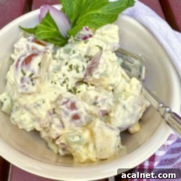 A rustic bowl of creamy Red Potato Salad with a fork, ready to be served as a classic summer side.