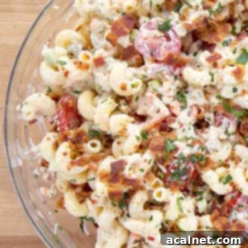 A bowl of creamy Tuna Macaroni Salad Deluxe, garnished with chopped bacon, a nostalgic American classic.