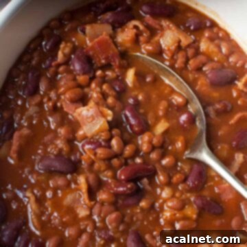 A bowl of delicious Dr Pepper Baked Beans with a serving spoon, perfect for a barbecue.