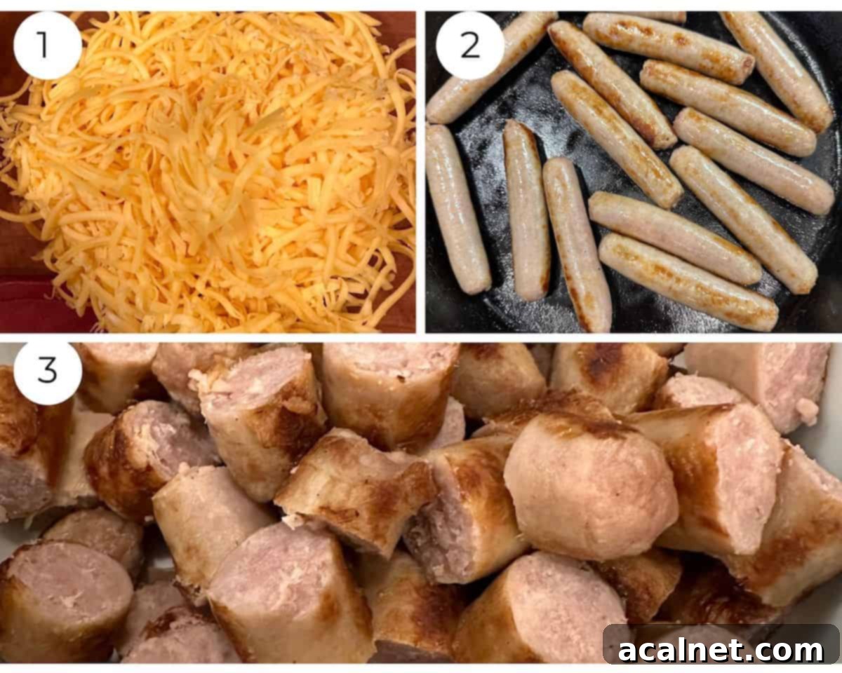 Cheesy Sausage and Egg Bake 5 A three-panel image showing the preparation of cheese and sausage: 1. Shredded Cheddar cheese. 2. Cooked ground sausage in a skillet. 3. Diced cooked sausage links.