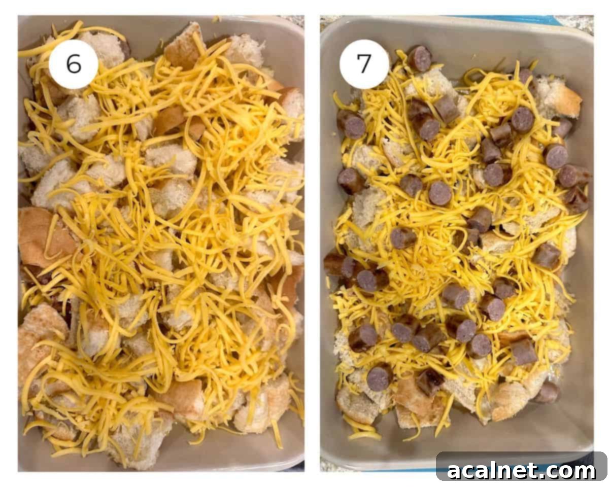 Cheesy Sausage and Egg Bake 7 A baking dish with the first layer of cubed bread, shredded cheese, and cooked diced sausage, ready for the liquid mixture.