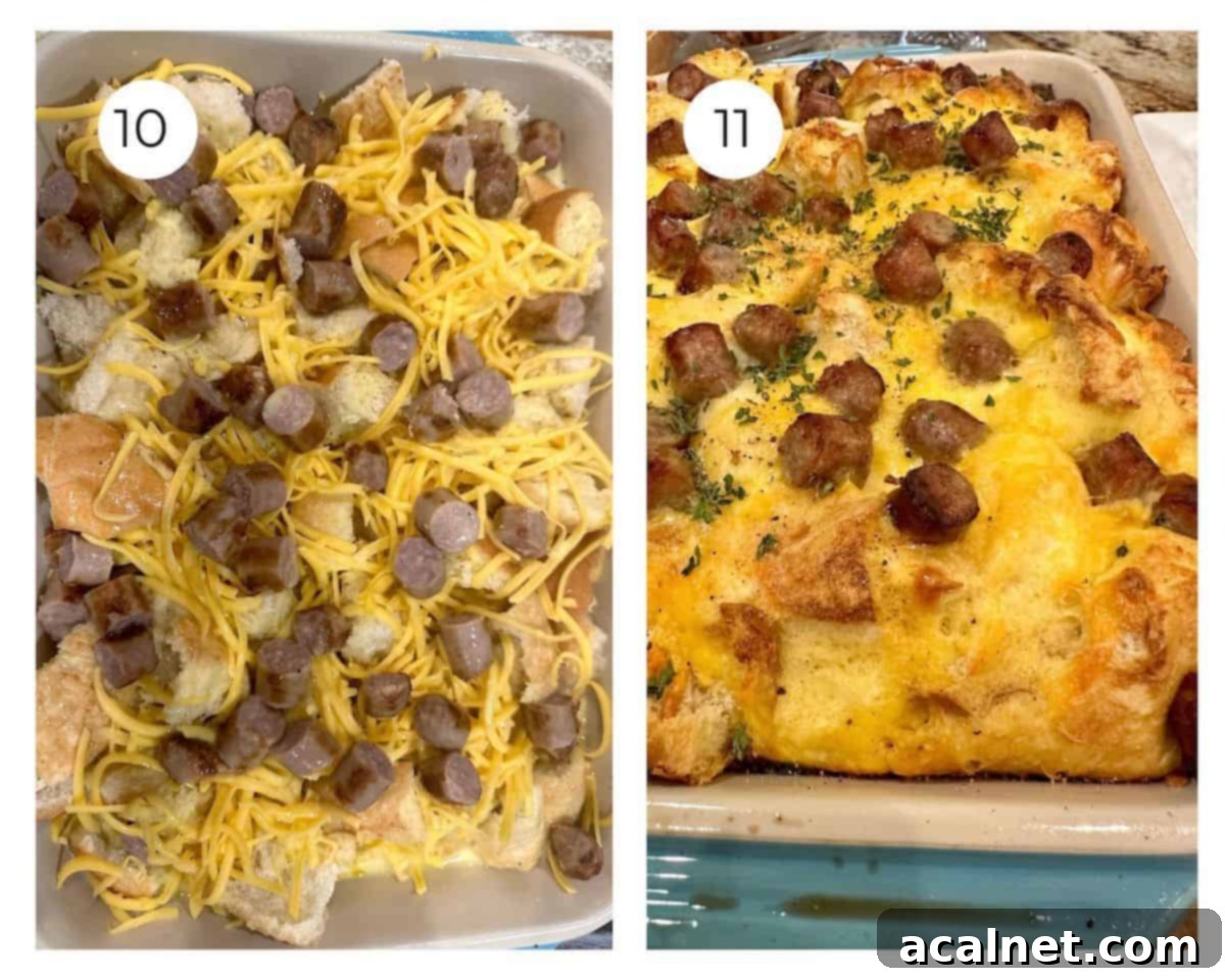 Cheesy Sausage and Egg Bake 9 A side-by-side comparison of an unbaked sausage casserole, fully assembled and ready for chilling, and a beautifully baked casserole, golden brown and bubbly.