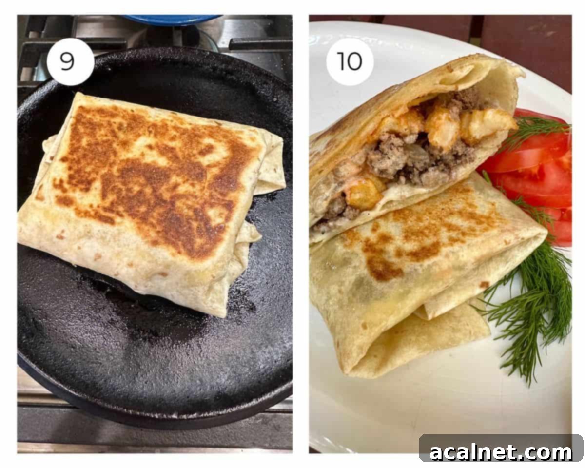 A french taco on a flat iron and on a plate, cut in half with dill and sliced tomato.