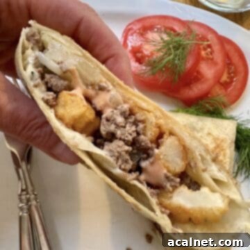 One half of a French taco held by a hand over a plate with silverware, sliced tomato and dill.
