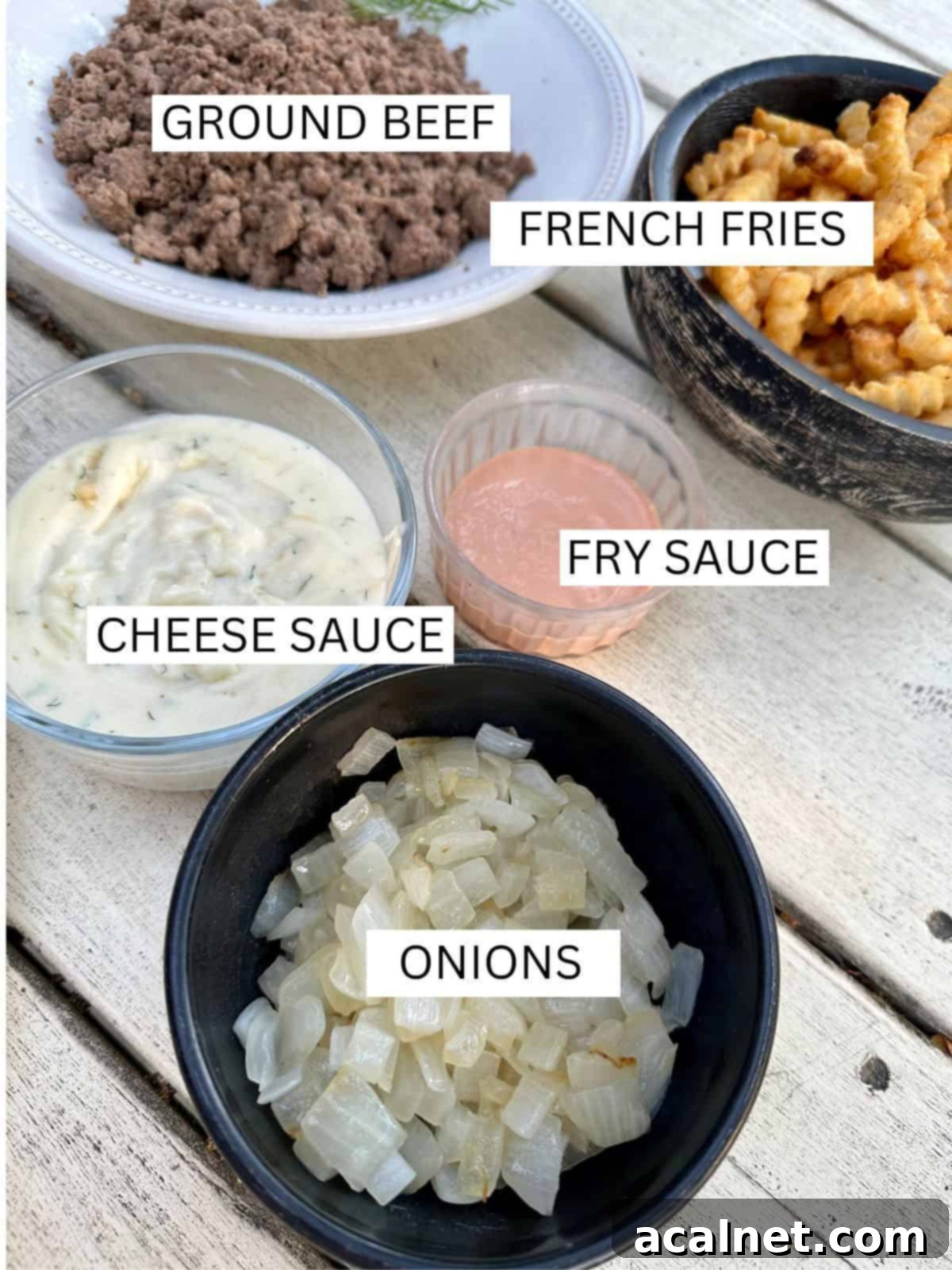 Ingredients for French Tacos in bowls on a table.