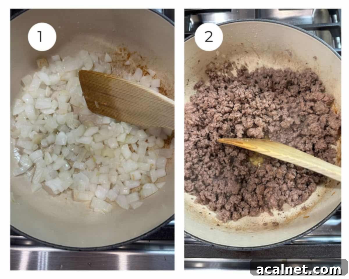 Diced onion and ground beef cooking in a pan on the stove in two separate photos.