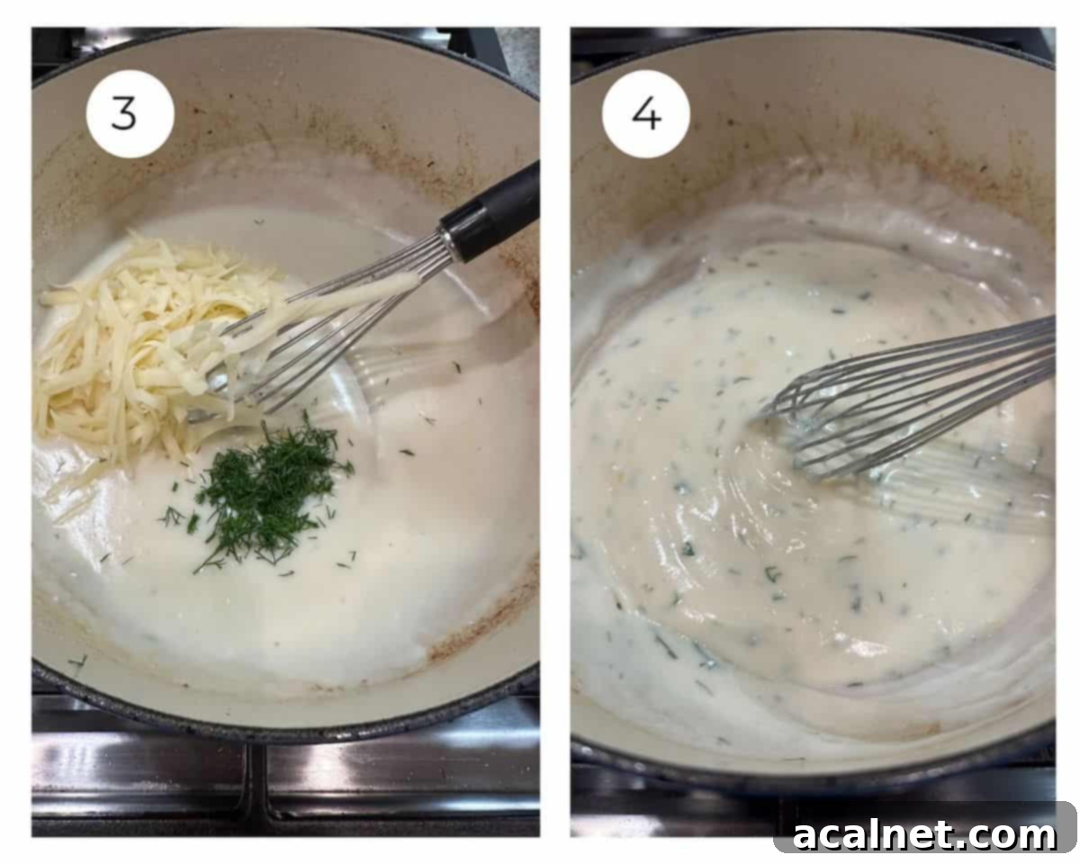 Cheese sauce in a pan on the stove with grated cheese, chopped dill and a whisk.