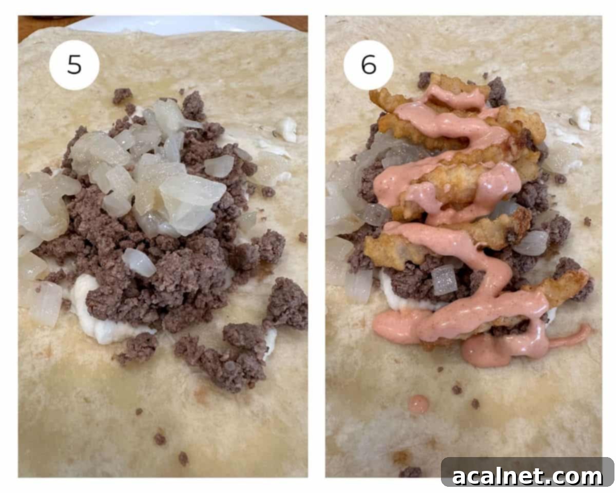 French taco filling ingredients on a flour tortilla.