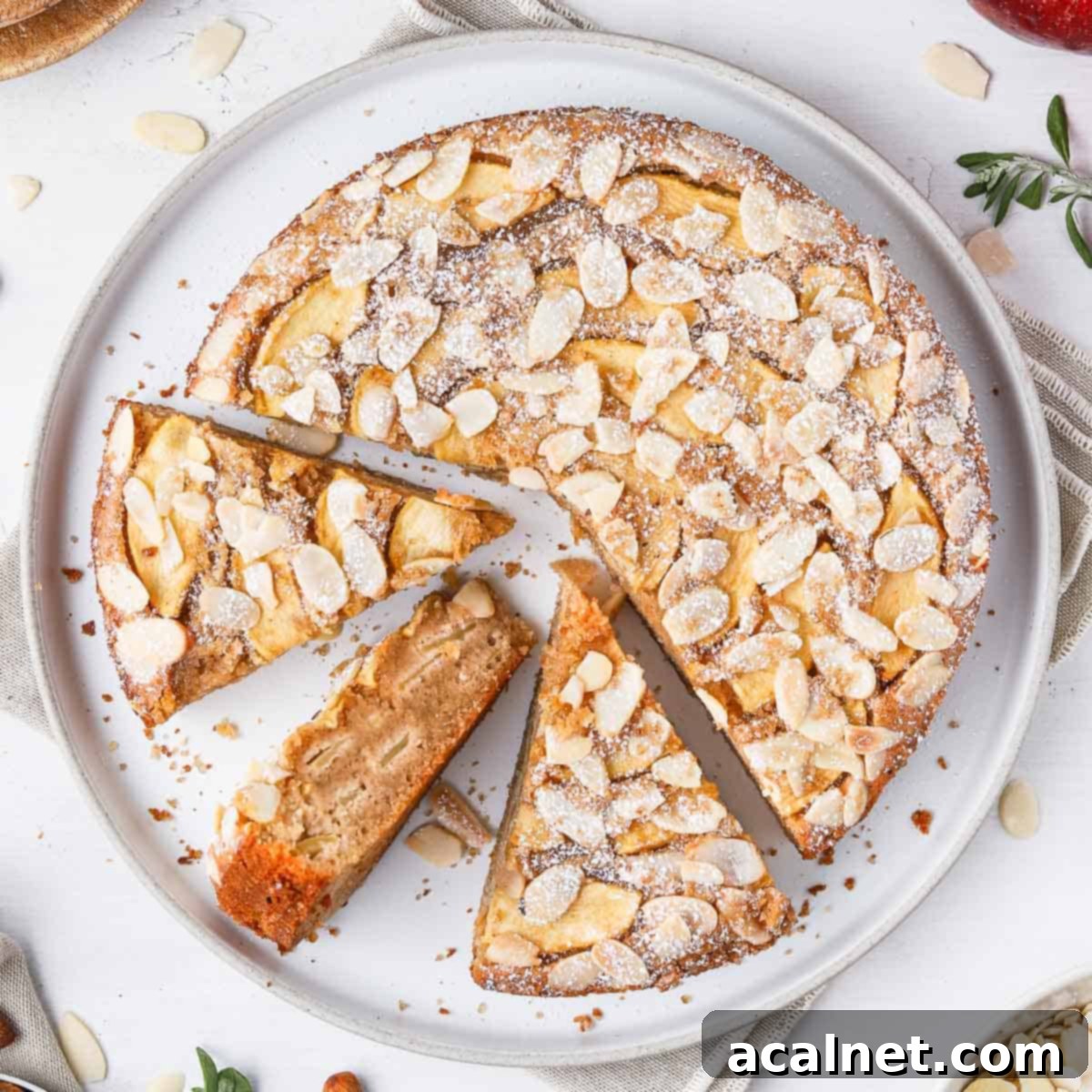 Heavenly Gluten-Free Apple Almond Cake 2 A beautifully baked gluten-free apple almond cake on a white plate, seen from above with three slices already cut, revealing the moist interior and apple layers.