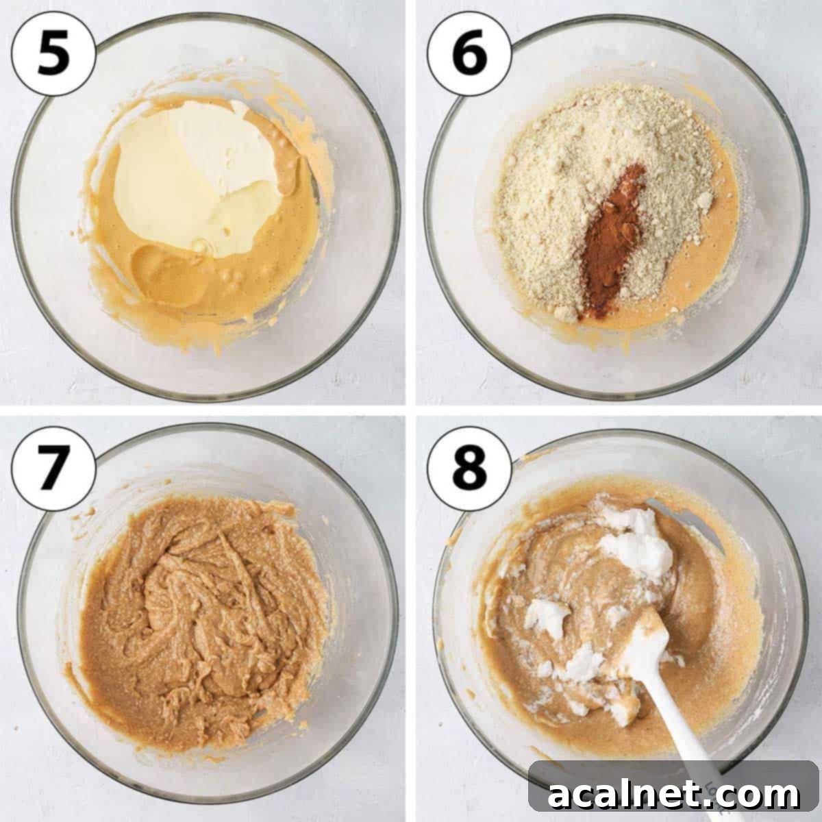 Heavenly Gluten-Free Apple Almond Cake 5 A collage of process shots detailing the mixing of the cake batter ingredients for a gluten-free apple almond cake, showing the gradual incorporation of wet and dry elements.