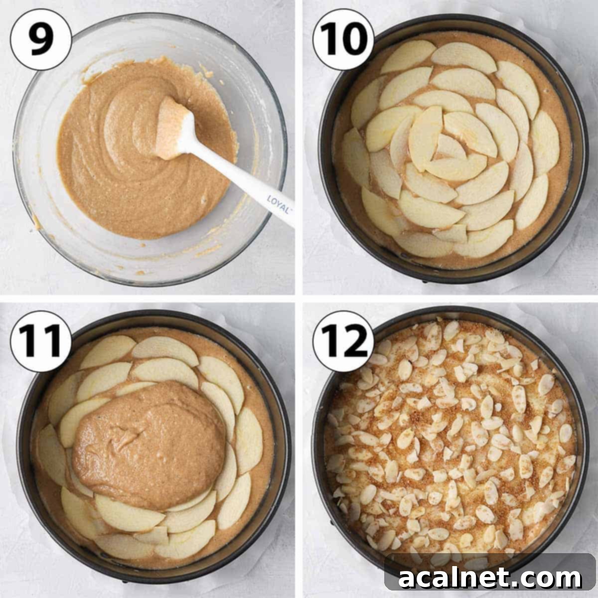 Heavenly Gluten-Free Apple Almond Cake 6 A collage of process shots demonstrating the assembly of the apple almond cake, showing the layering of cake batter and thinly sliced apples in a springform pan.