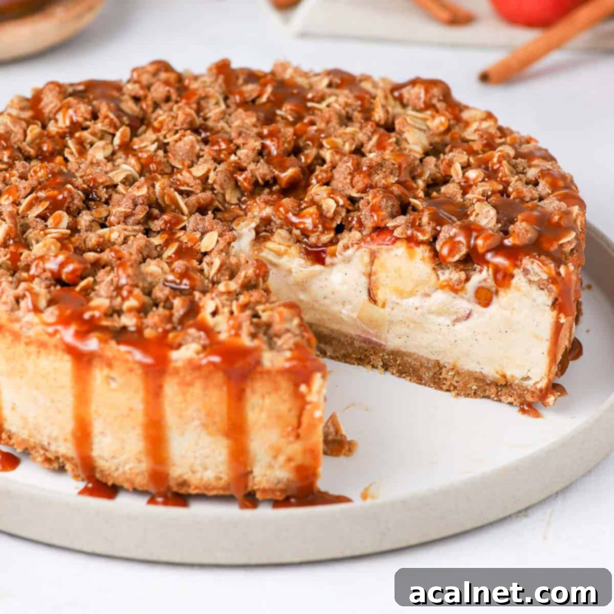 Spiced Apple Crumble Cheesecake 2 Close up on the inside of the apple crumble cheesecake, showing layers of crust, creamy filling, apples, and oat crumble.