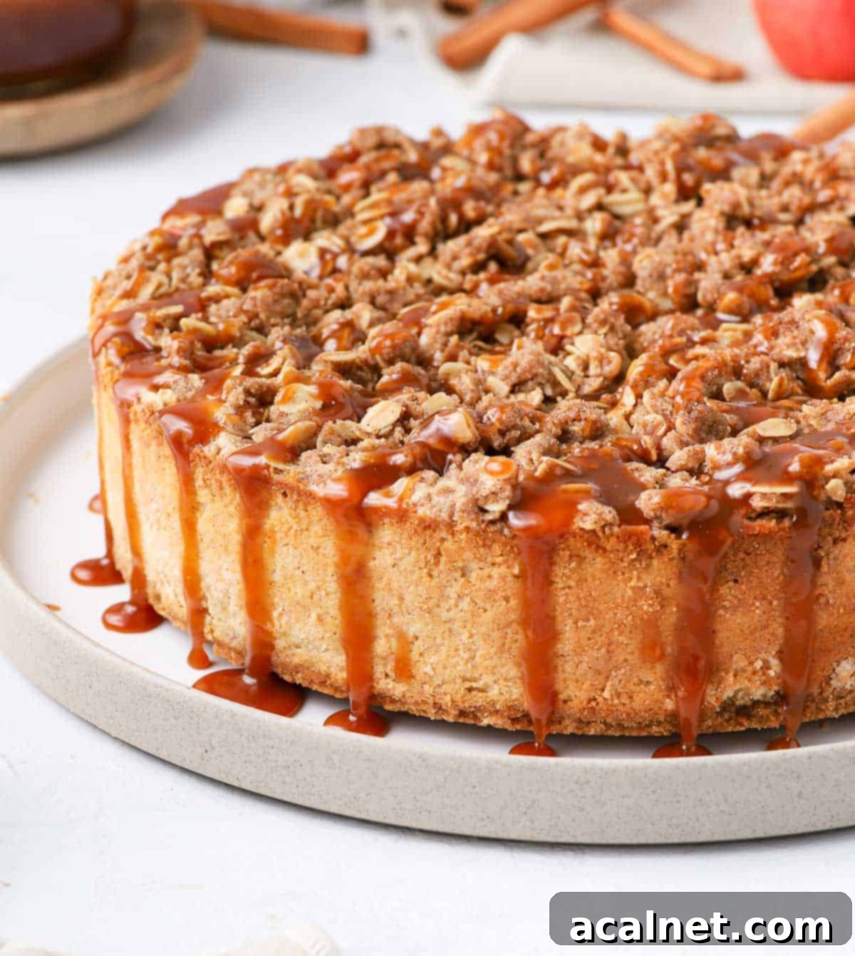 Spiced Apple Crumble Cheesecake 9 A slice of baked cheesecake on a plate with a luscious caramel drizzle dripping enticingly down the sides.