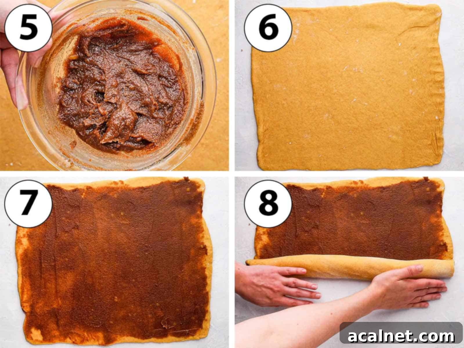 A four-panel process shot collage showing the rolling of babka dough and the spreading of cinnamon filling.