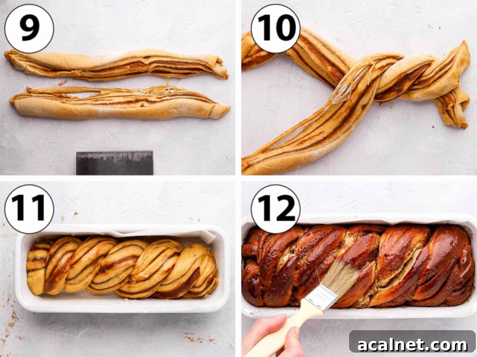 A four-panel process shot collage demonstrating how to twist the babka dough, place it in a loaf pan, and brush it with sugar syrup after baking.