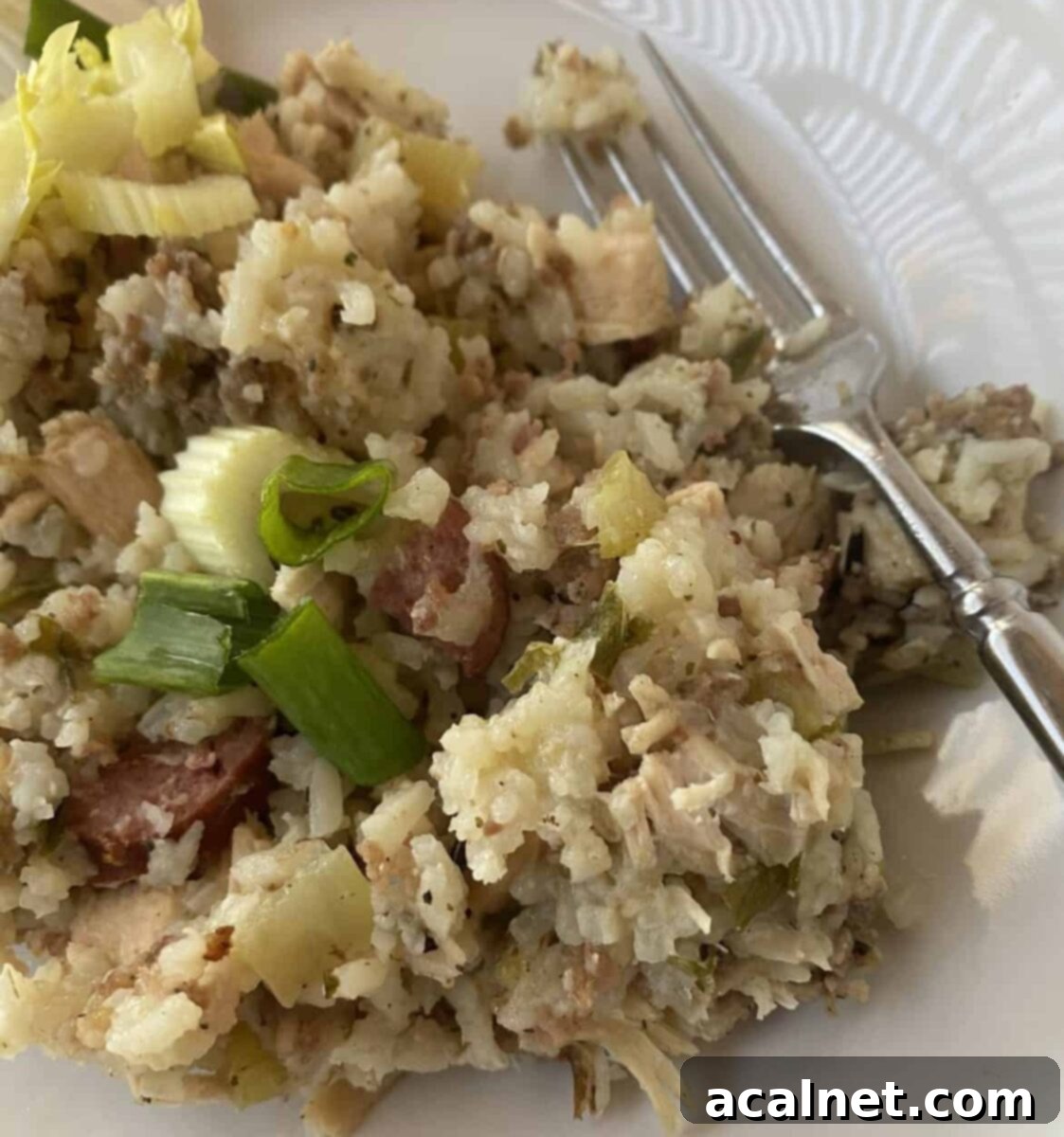 A scoop of jambalaya on a plate with a fork, showcasing chicken, sausage, and rice.