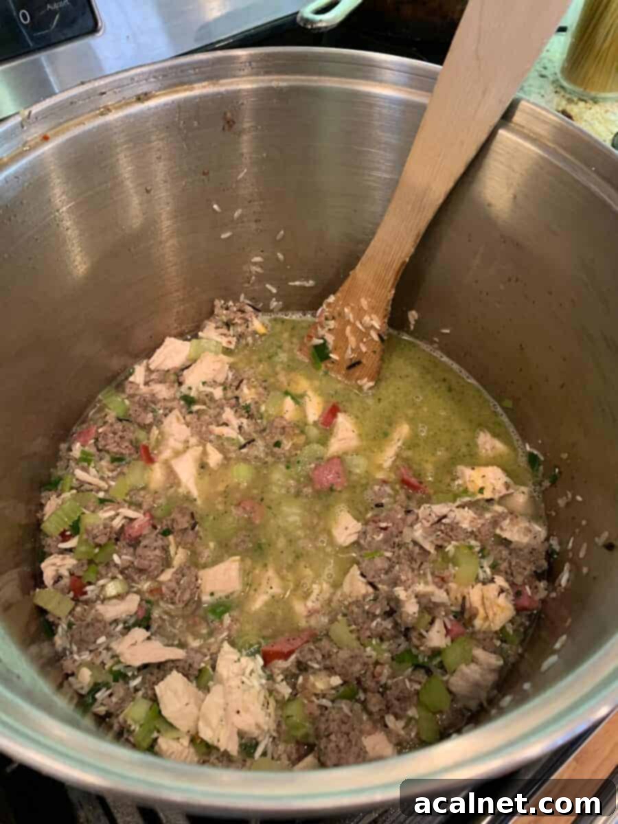 All the Jambalaya ingredients combined and simmering in a large stock pot, rich with flavor.