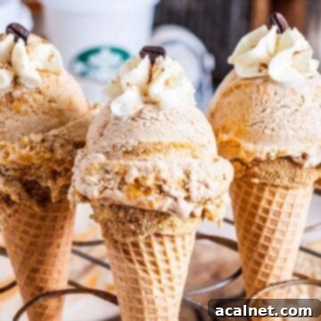 Two ice cream cones, filled with creamy pumpkin spice latte ice cream and topped with a generous swirl of whipped cream, presented on a stand.