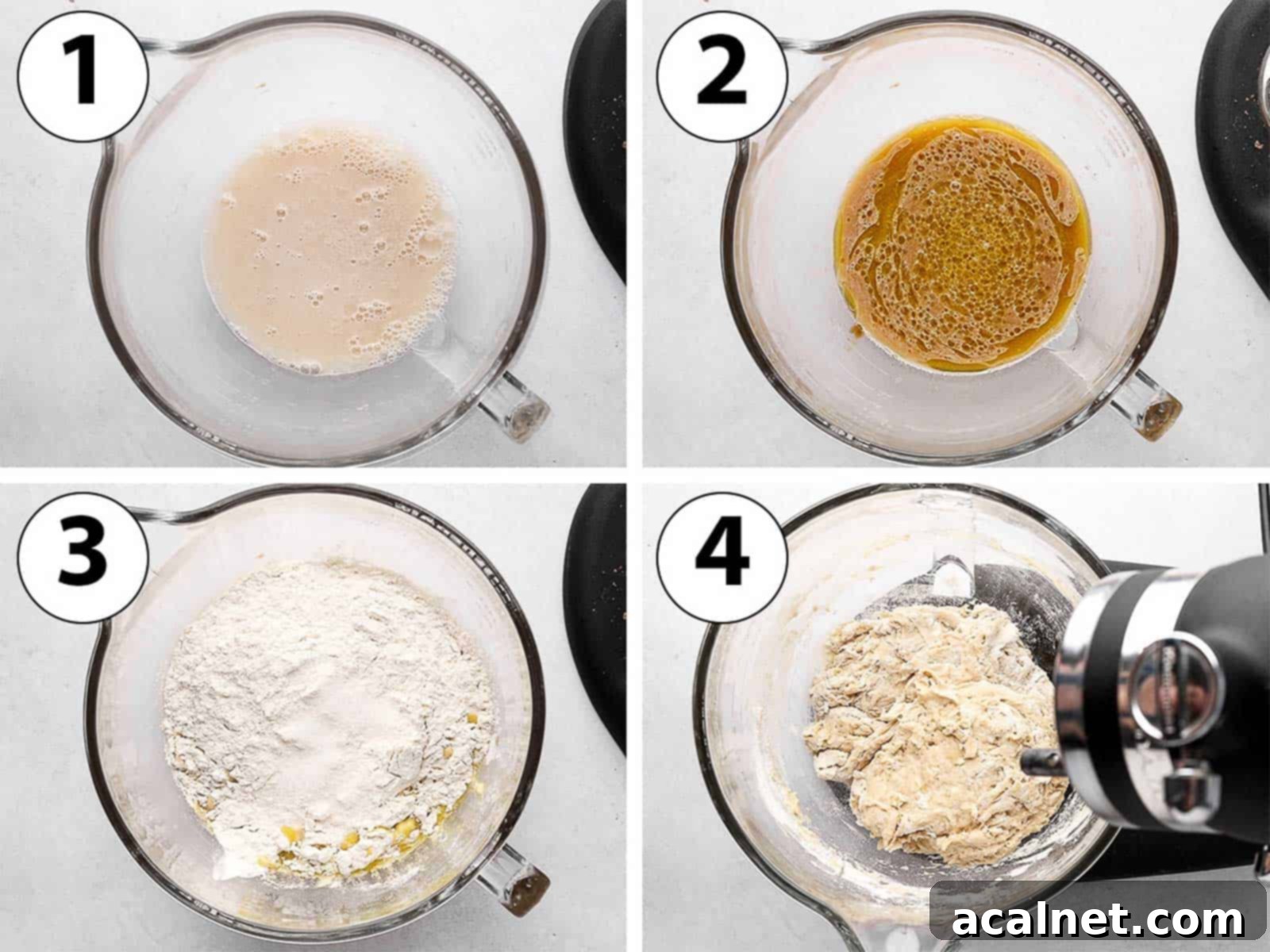 Process Shot Collage: mixing the ingredients for bagel dough in a stand mixer bowl.