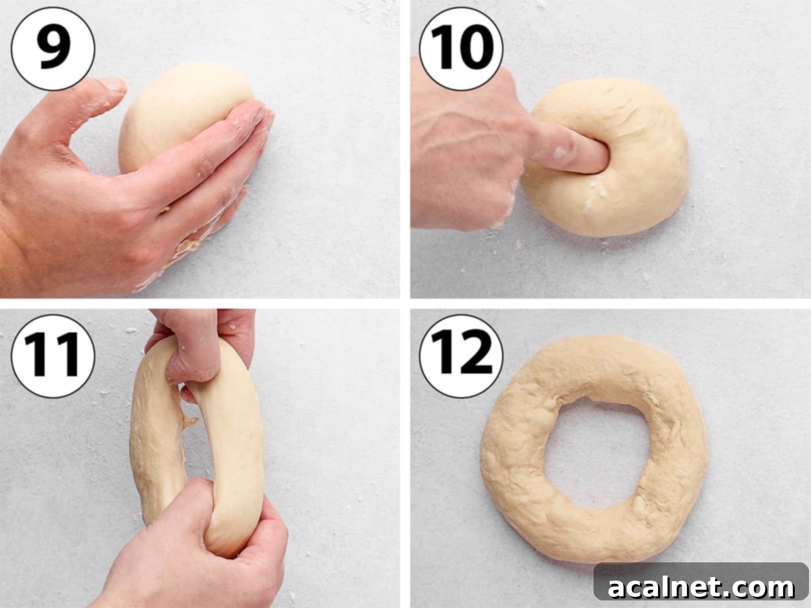Process Shot Collage: demonstrating how to shape the bagel dough into rings.
