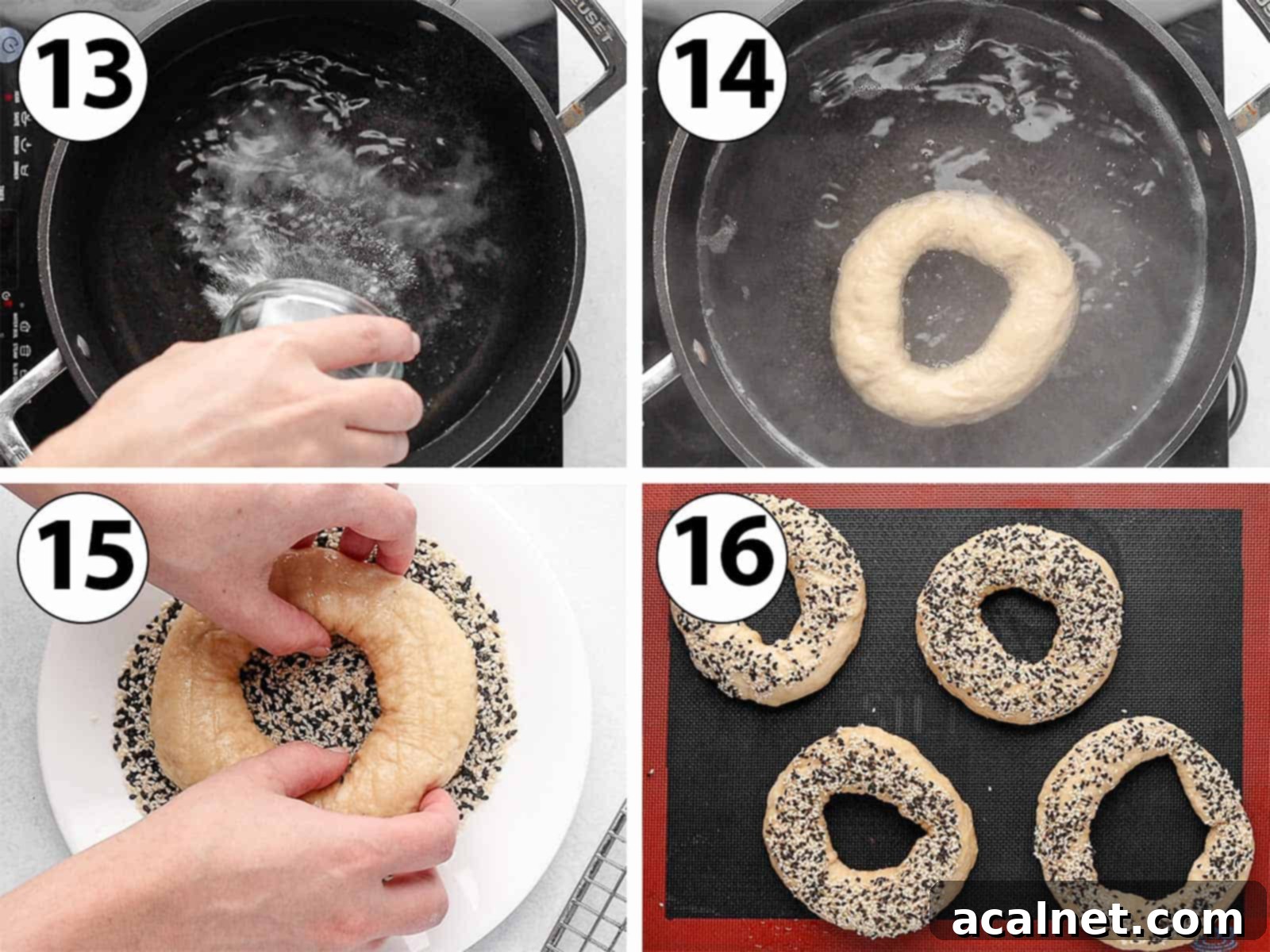 Process Shot Collage: showing bagels being boiled, drained, and coated in sesame seeds.