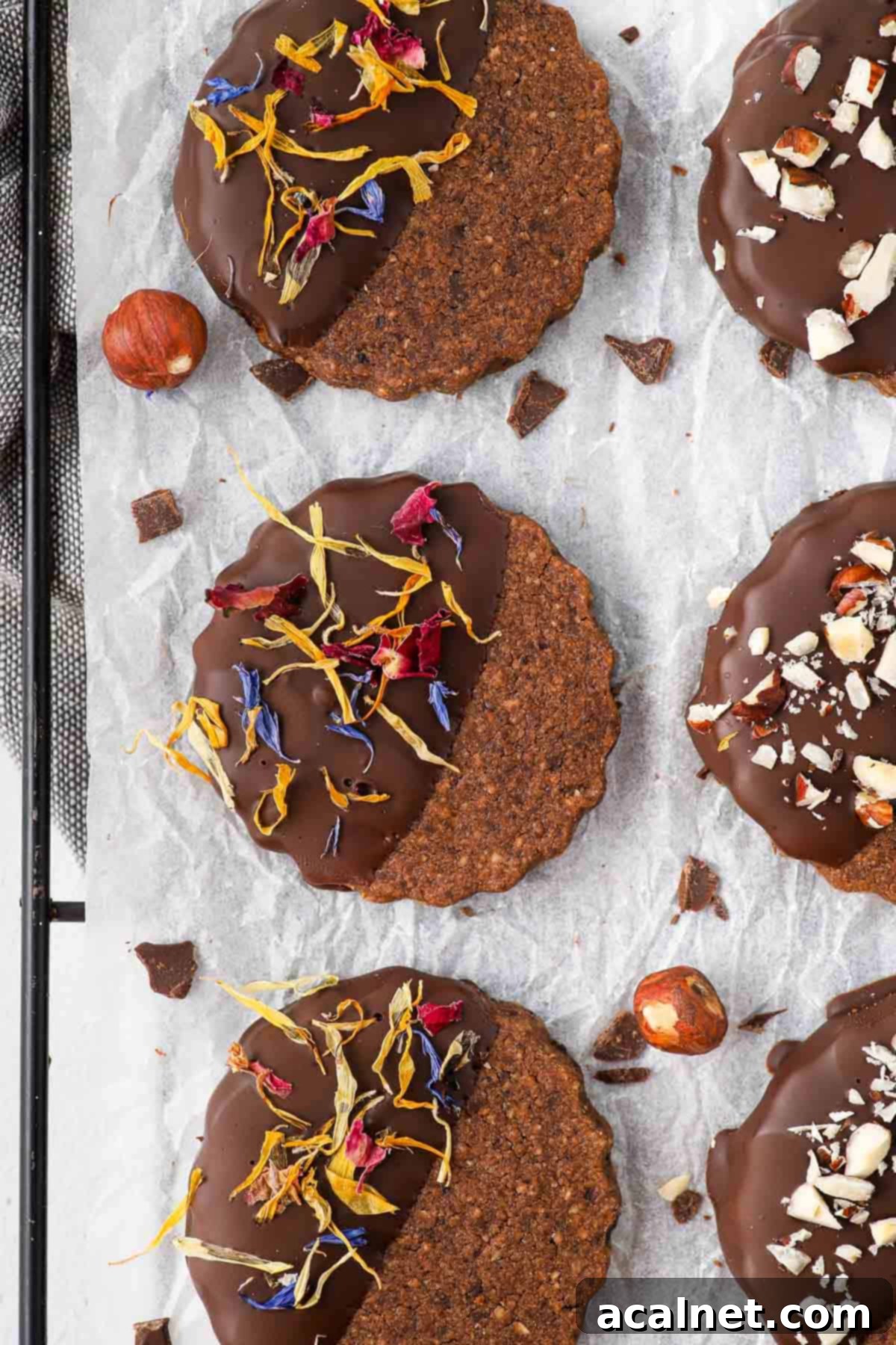 Flatlay of the decorated cookies on baking paper.