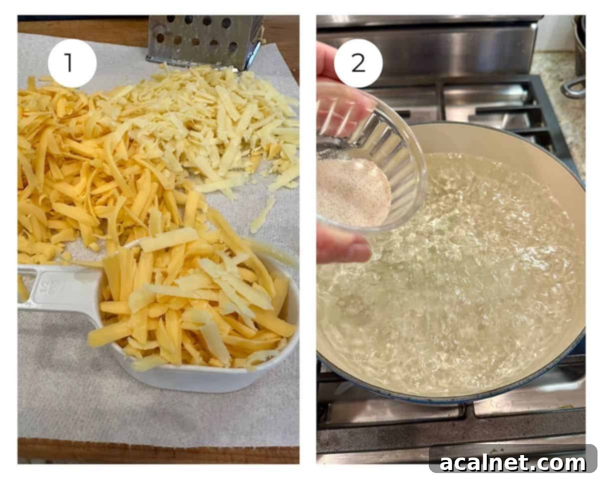 Shredded cheese and a pan of boiling water with garlic salt in a small bowl above the water.