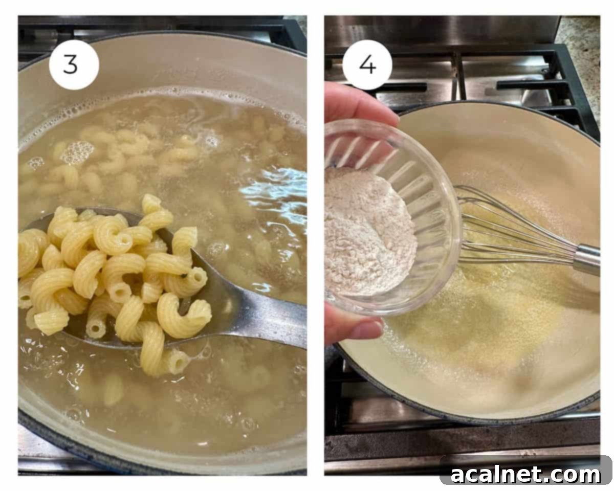 Boiling water with pasta in a pan and the same pan with melted butter and flour in a small bowl.
