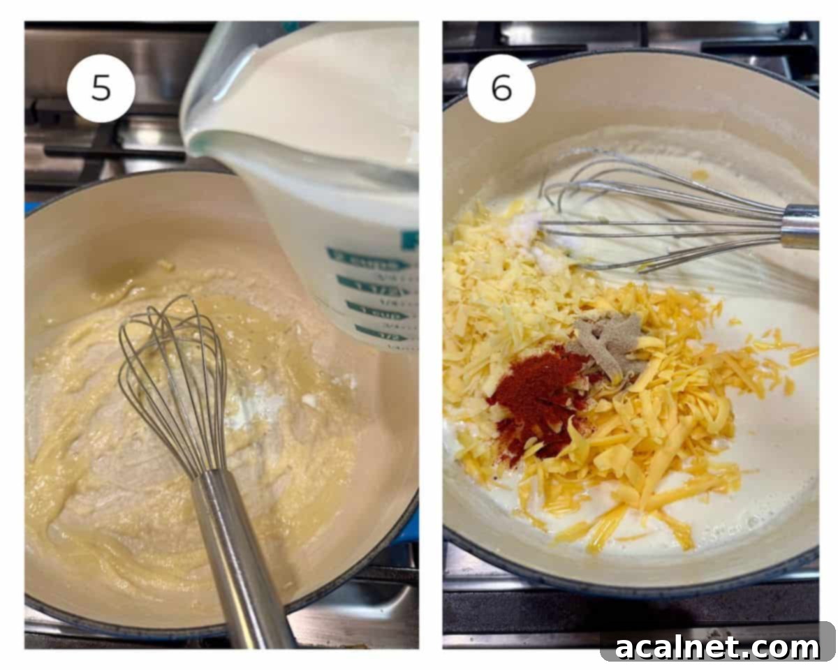 A pan with melted butter and flour with a cup of milk and the same pan with the cheese sauce, shredded cheese, spices and a whisk.