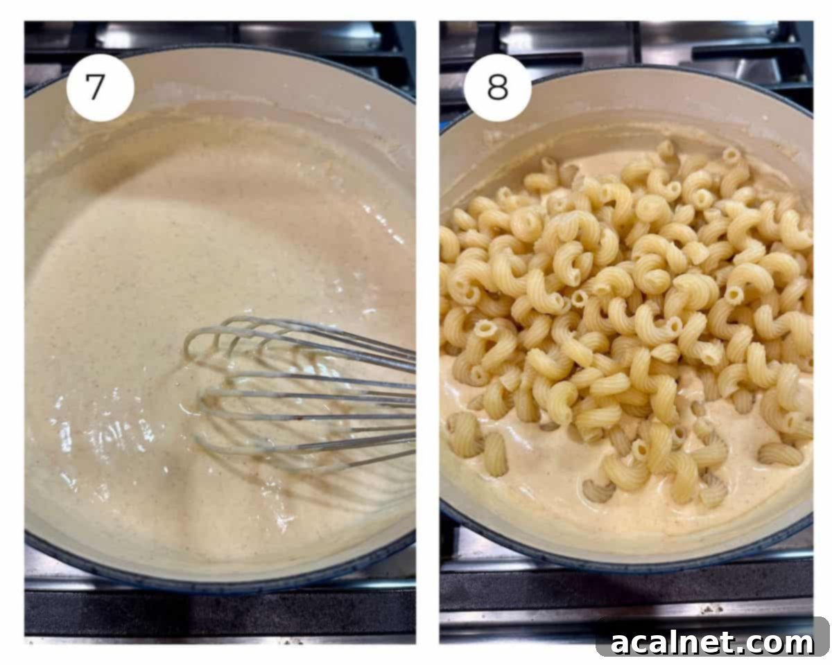 A pan of cheese sauce and the same pan with pasta added on top of the sauce.
