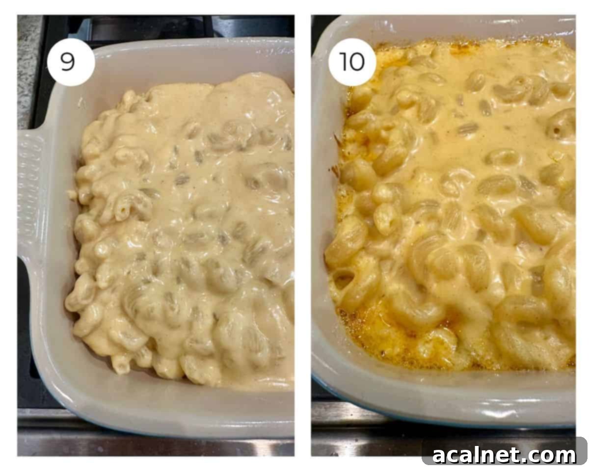 A pan of mac and cheese, unbaked and baked.