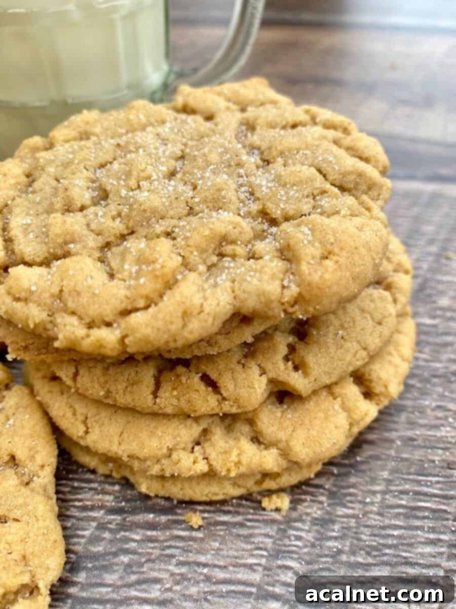 Grandma's Chewy Peanut Butter Cookies 2 A stack of perfectly baked old-fashioned chewy peanut butter cookies next to a refreshing glass of milk, inviting a classic snack time.