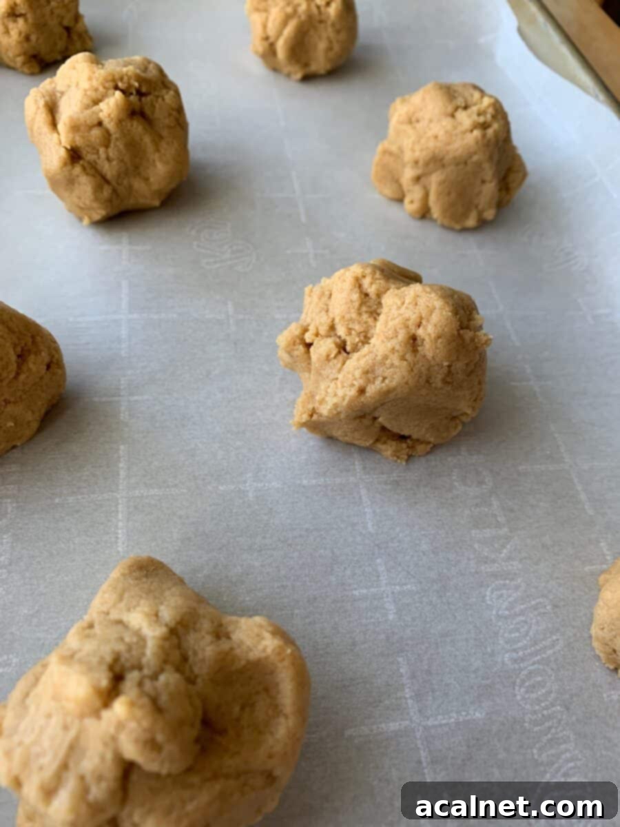 Grandma's Chewy Peanut Butter Cookies 6 Raw peanut butter cookie dough balls neatly arranged on parchment paper on a baking sheet, ready for the signature criss-cross.