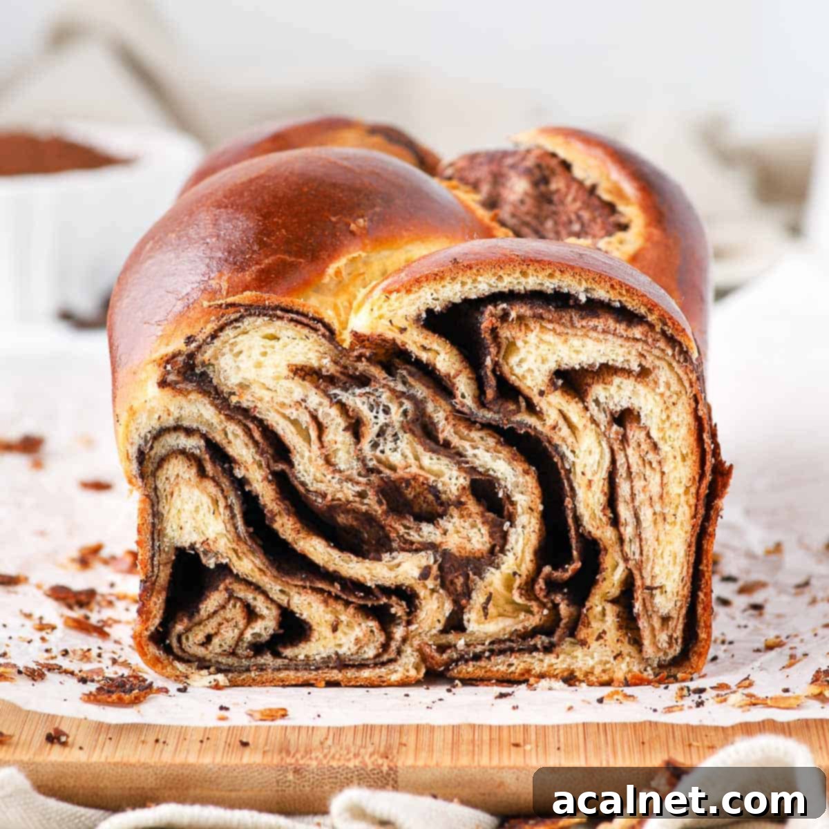 Crumb shot of the sliced chocolate brioche bread.