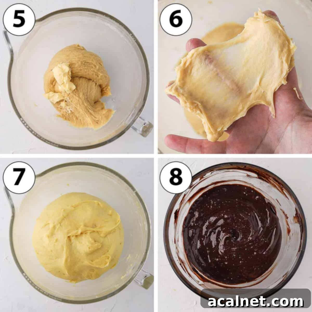 Process Shot Collage: kneading and proofing the dough and preparing the chocolate filling.