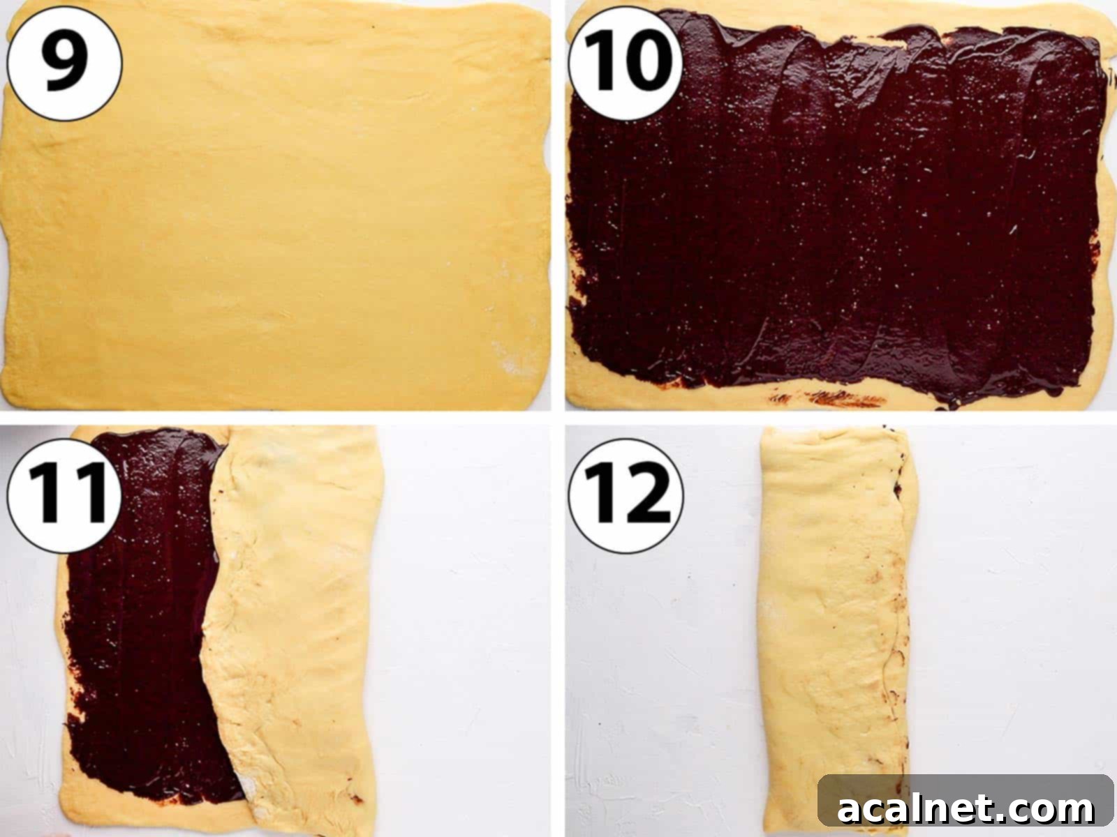 Process Shot Collage: Rolling the dough and filling it with chocolate.