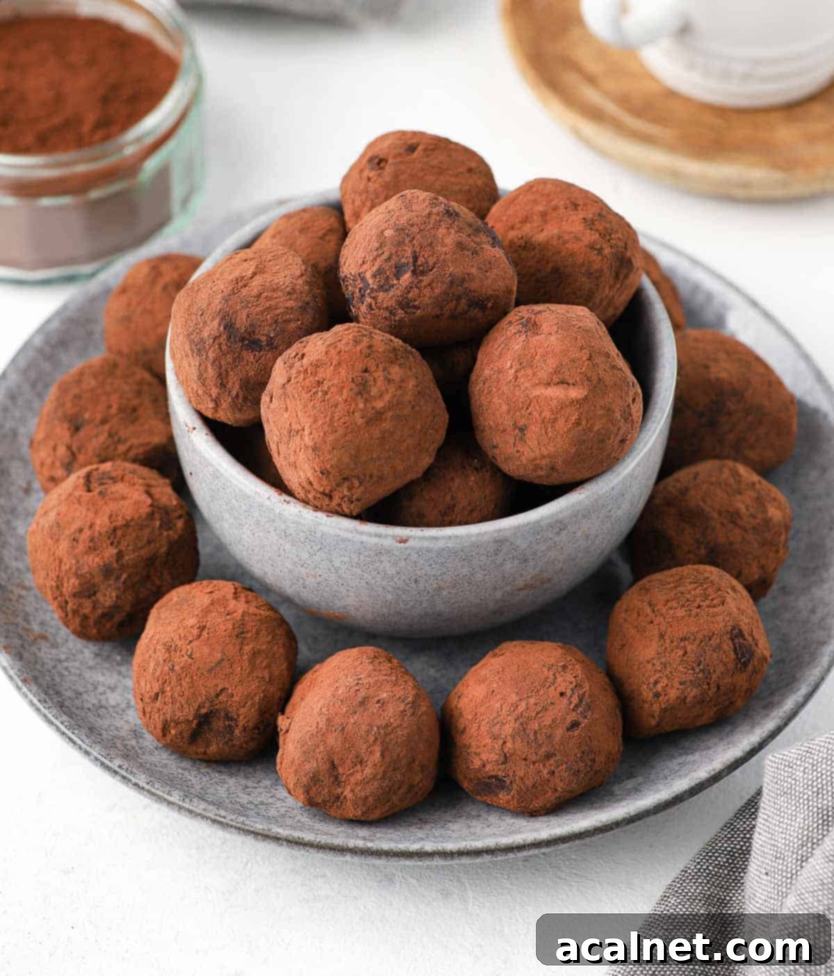 Several French Chocolate Truffles carefully placed in a small grey bowl, resting on a larger grey plate.