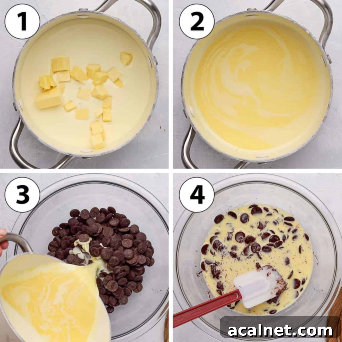 Process Shot Collage: heating up the cream and butter and melting the chocolate.