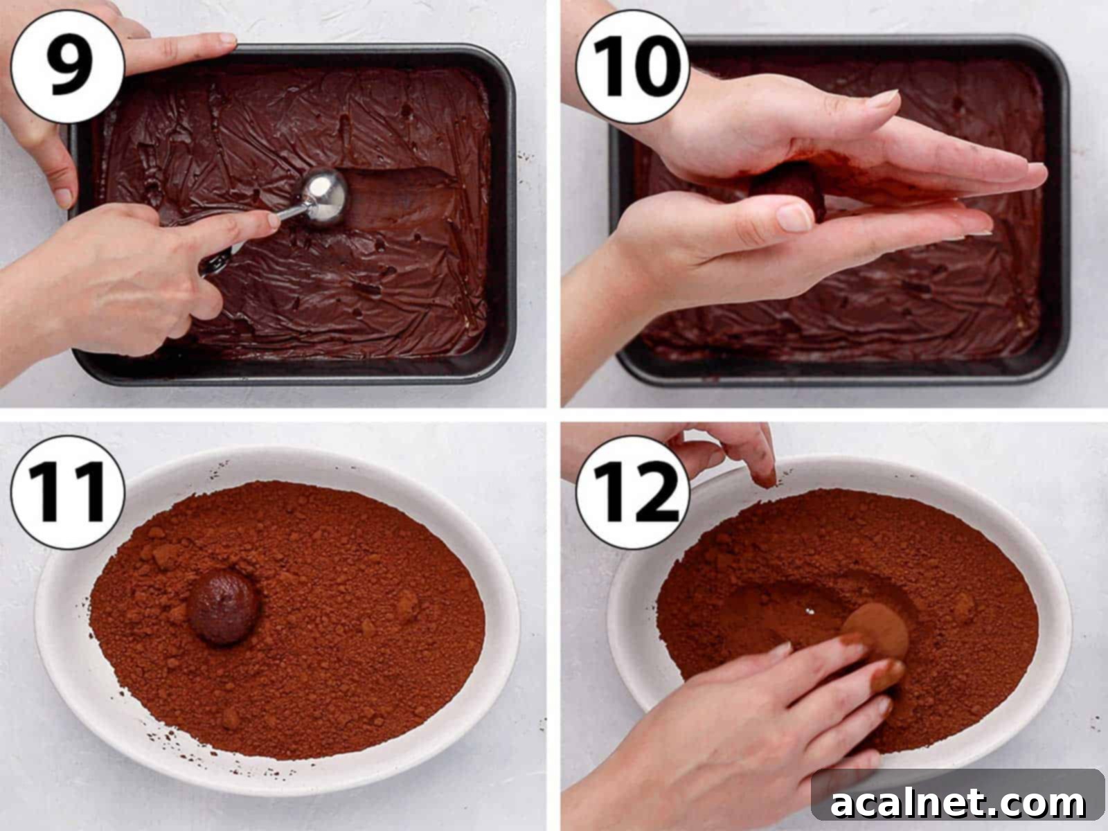 Process Shot Collage: rolling the mixture into balls and rolling them in cocoa powder.