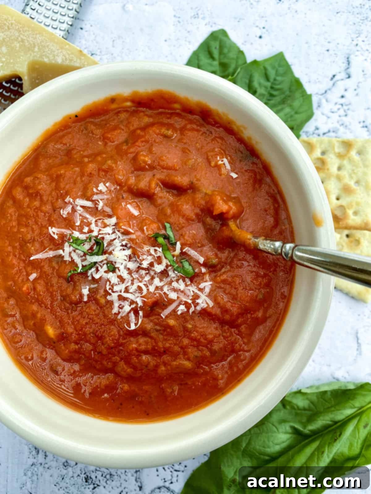 Best Homemade Tomato Basil Soup 7 An inviting bowl of creamy tomato basil soup, perfectly garnished with fresh basil, served with a side of crispy crackers and a small bowl of grated cheese.